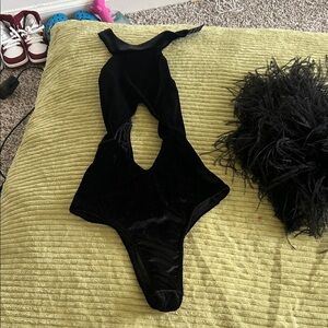 Elegant Black Bodysuit with Fur skirt